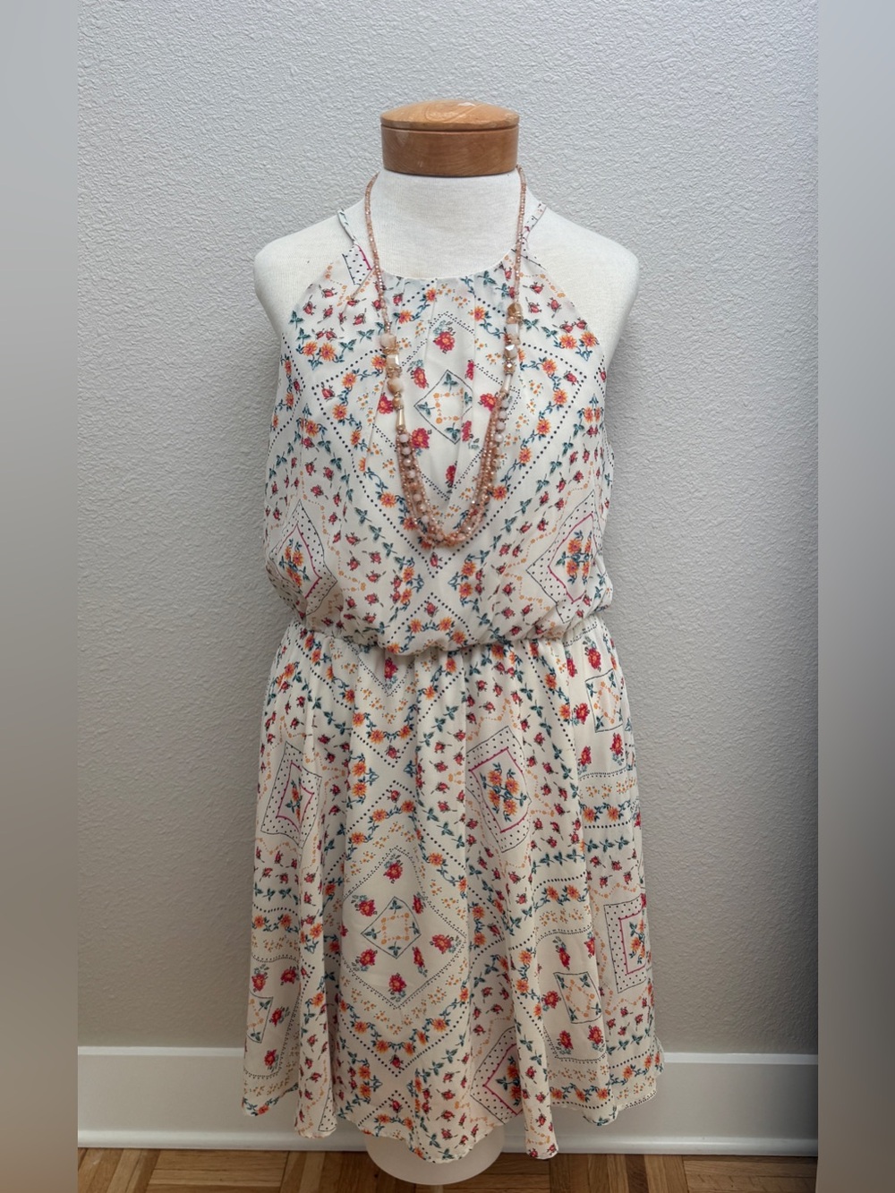 Mi Ami Cream Halter Midi Dress with Orange & Green Floral Print